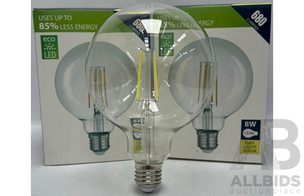 LV Luce LED 8W Dimmable Filament G125 E27 Globe Bulb Lamp - 6000K Day Light - Lot of 2