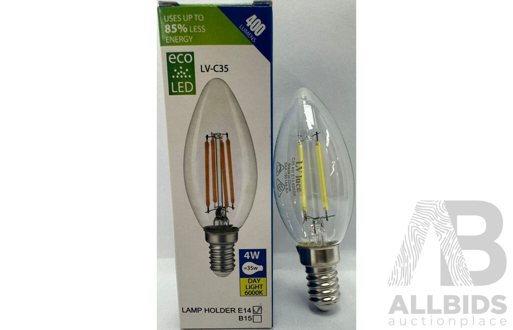 LV Luce LED 4W Filament E14 C35 Dimmable Daylight Bulb - Lot of 10