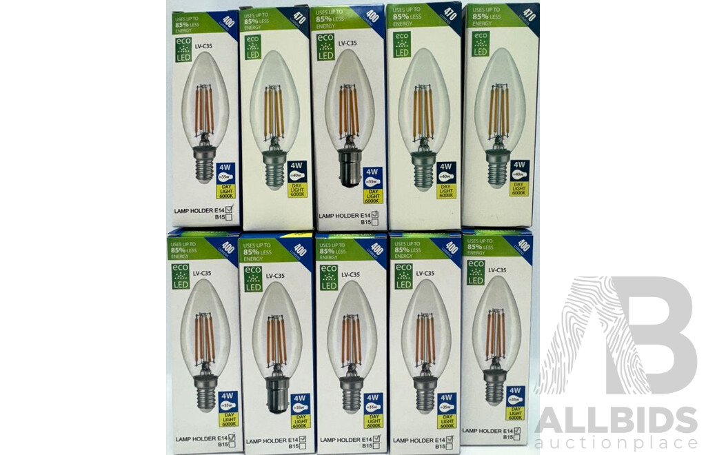 LV Luce LED 4W Filament E14 C35 Dimmable Daylight Bulb - Lot of 10