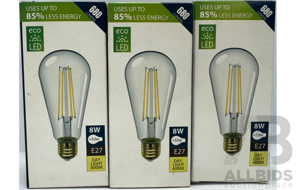 LV Luce LED 8W Dimmable Filament ST64 Daylight Bulb - Lot of 3