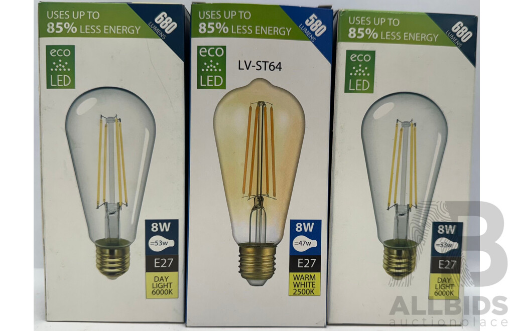 LV Luce LED 8W Dimmable Filament ST64 Daylight & Warm White Bulbs - Lot of 3