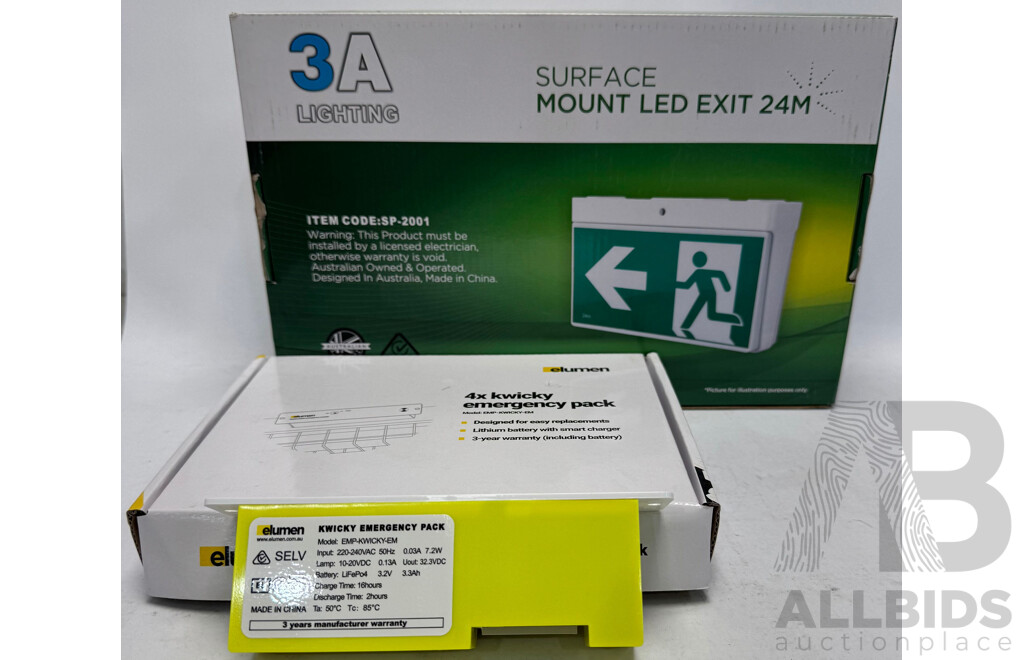 3A Lighting LED Exit Light and Elumen Kwicky Emergency Pack