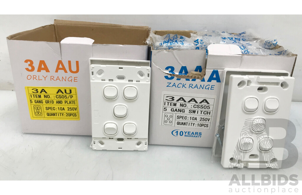 3A 5 Gang Switch and 5 Gang Grid & Plate - Lot of 13