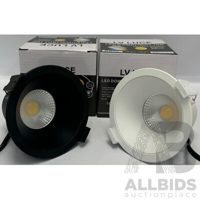 LV Luce 10W LED Downlight Tri Colour Dimmable, Black & White - Lot of 4