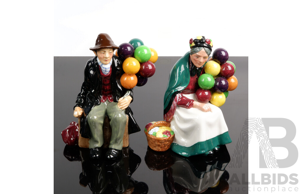 Royal Doulton Porcelain Old Balloon Seller Figure HN1315 & Balloon Man Figure HN1954