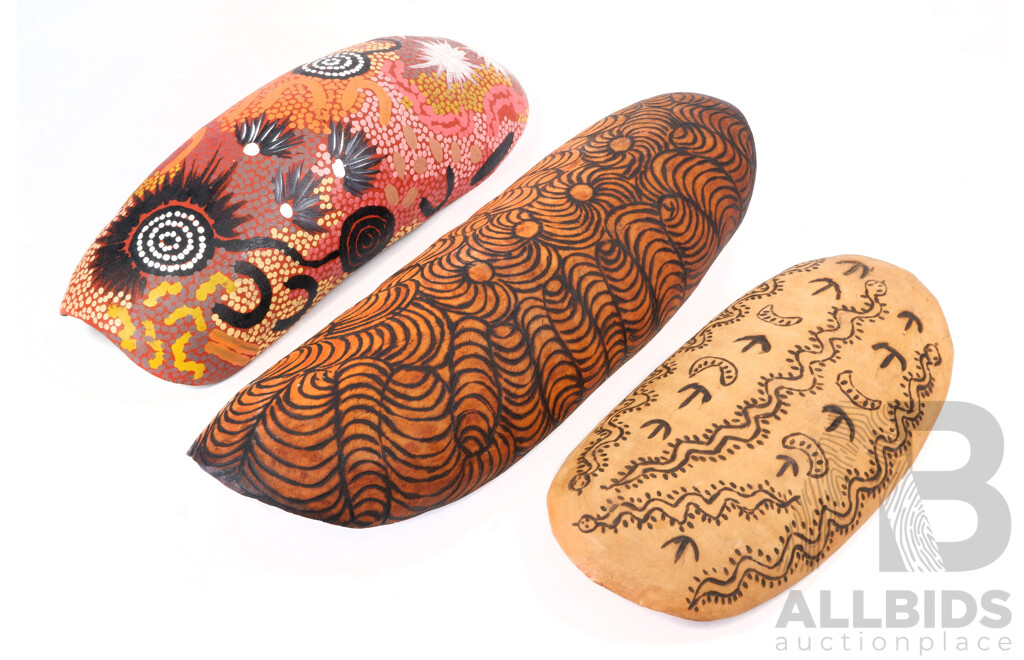 Collection Three Australian Indigenous Hand Carved Wooden Coolamons Including Nice Example with Pokerwork Decoration