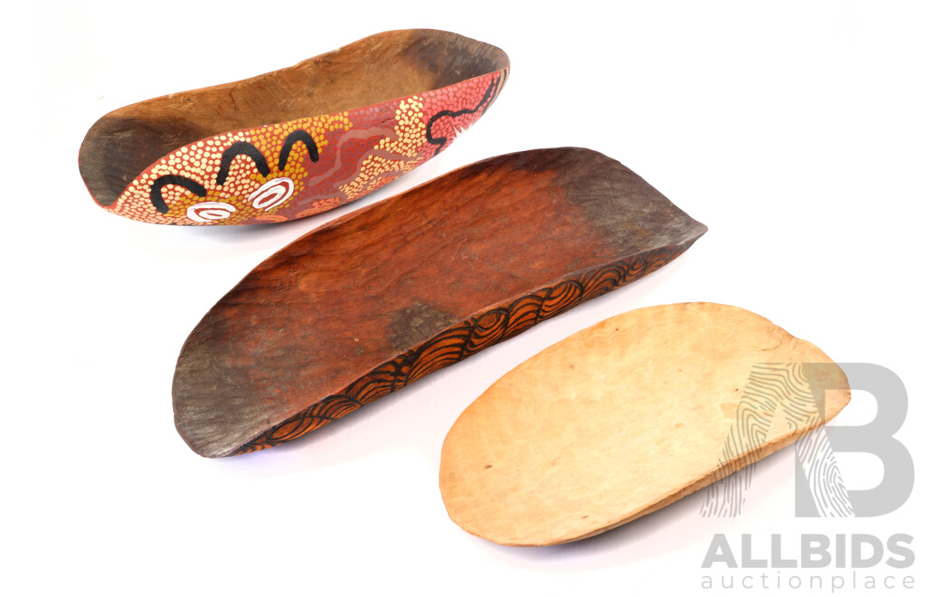 Collection Three Australian Indigenous Hand Carved Wooden Coolamons Including Nice Example with Pokerwork Decoration