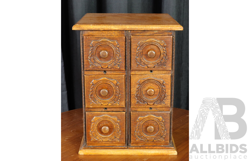 Bank of Six Oak Sewing Drawers