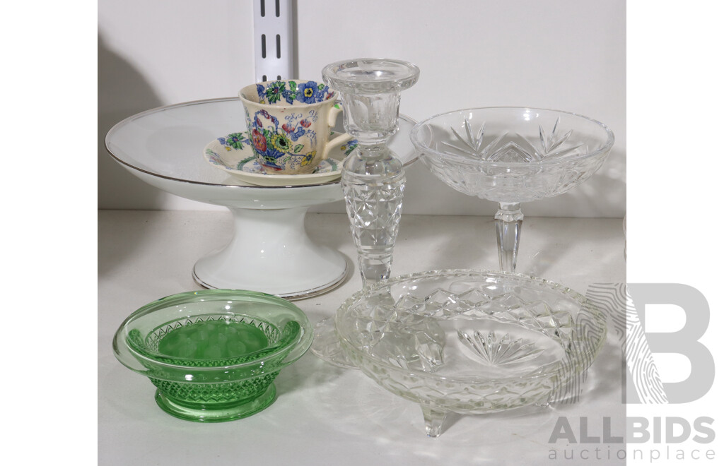 Collection of Vintage Tableware Including Four Pieces of Cut Glass, Teacup and Saucer From Mason’s China and Raised Display Bowl From Charles Ahrenfeldt Limoges