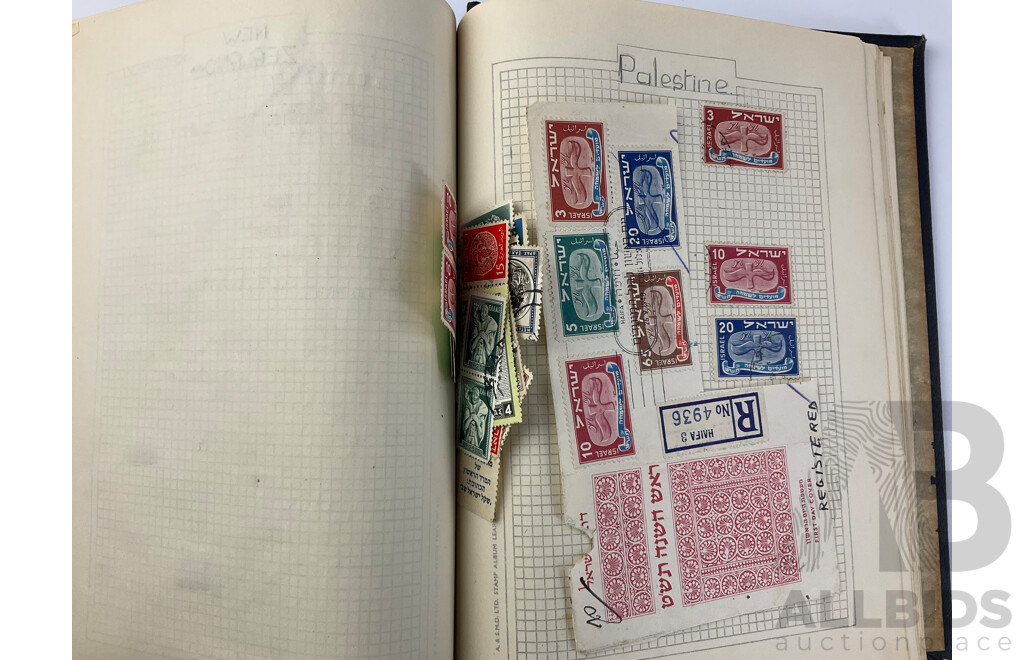 Album of Antique and Vintage Stamps Including Ceylon, Palestine, France, England, Germany, USA and More