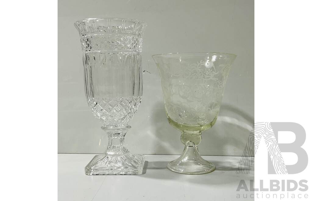 Cut Glass Vase and Acid Etched Glass Goblet Form Vase