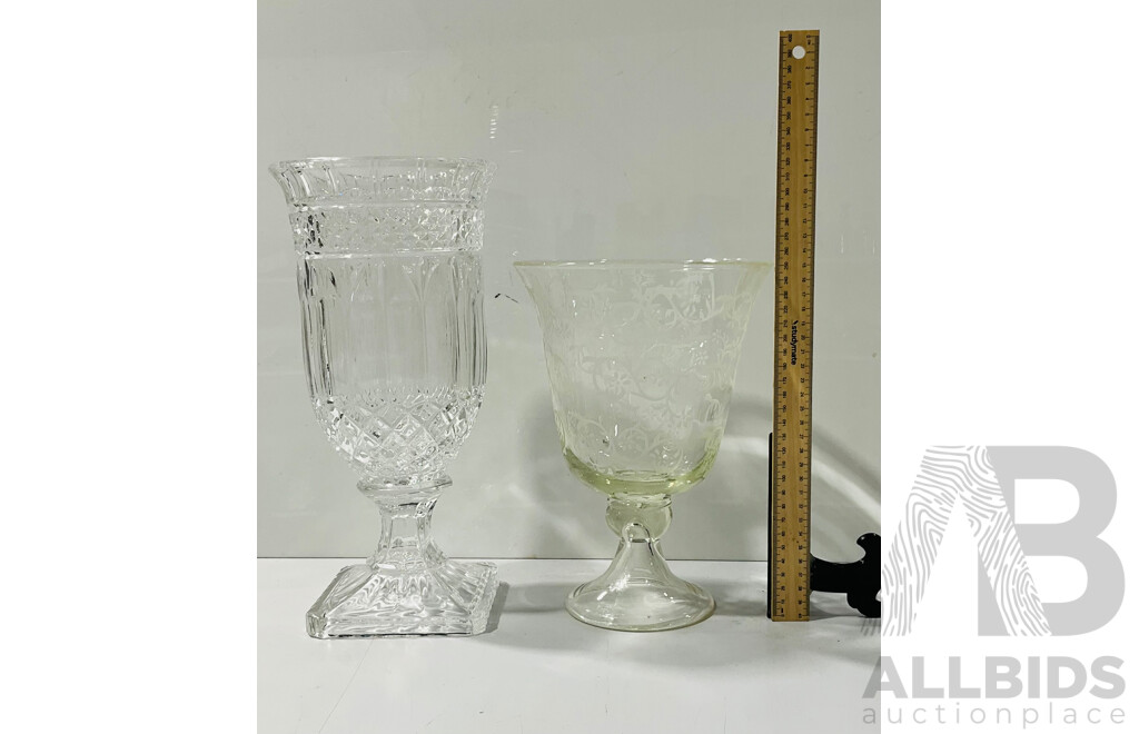 Cut Glass Vase and Acid Etched Glass Goblet Form Vase