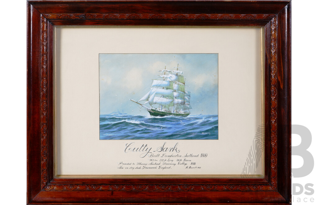 R. Barrett, Cutty Sark, Watercolour and Gouache on Card, Presented to Thames Nautical Training College, 1938, 52 X 67 Cm (frame)