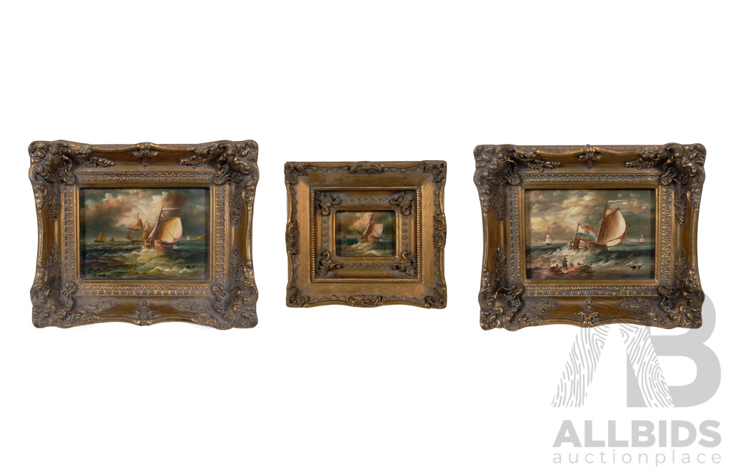 Lovely Trio of Ornate Gold Framed French Vintage Miniatures, All Three Feature Different Sea Scapes with Sailing Ships, Oil on Board, 19 X 21 Cm (with Frame, Smallest) and 24 X 28 Cm (with Frame, Largest) (3)