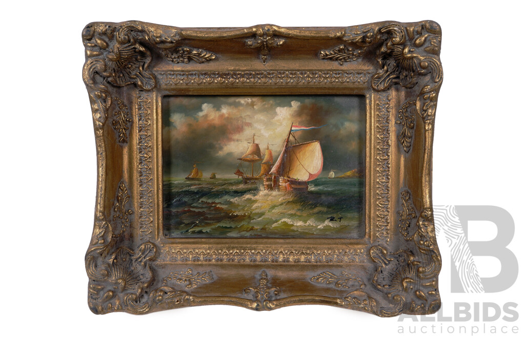 Lovely Trio of Ornate Gold Framed French Vintage Miniatures, All Three Feature Different Sea Scapes with Sailing Ships, Oil on Board, 19 X 21 Cm (with Frame, Smallest) and 24 X 28 Cm (with Frame, Largest) (3)