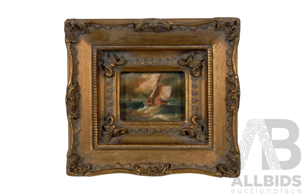 Lovely Trio of Ornate Gold Framed French Vintage Miniatures, All Three Feature Different Sea Scapes with Sailing Ships, Oil on Board, 19 X 21 Cm (with Frame, Smallest) and 24 X 28 Cm (with Frame, Largest) (3)