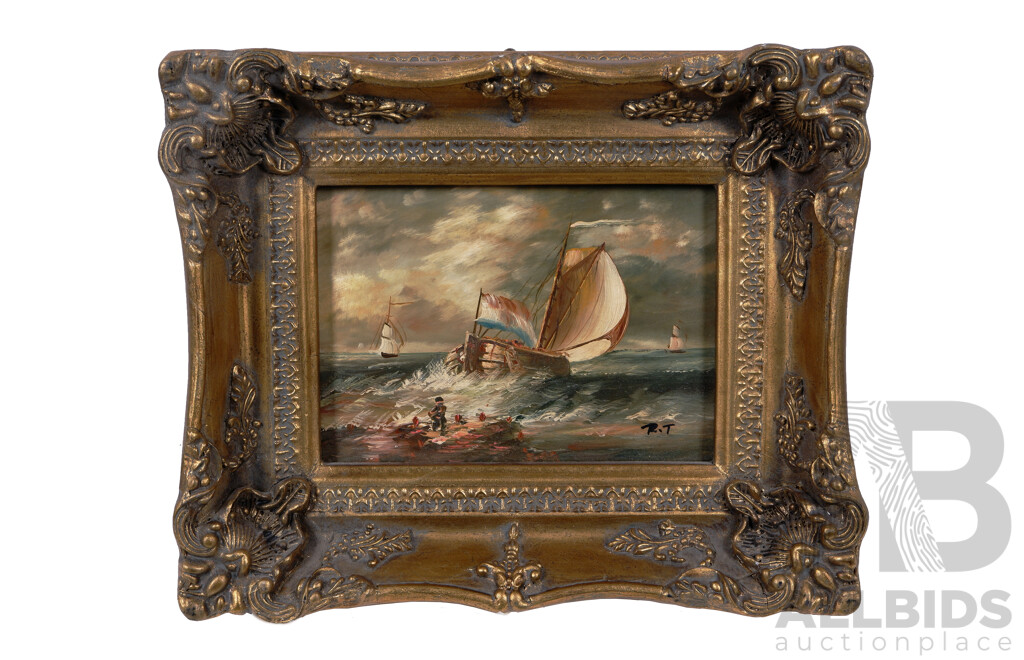 Lovely Trio of Ornate Gold Framed French Vintage Miniatures, All Three Feature Different Sea Scapes with Sailing Ships, Oil on Board, 19 X 21 Cm (with Frame, Smallest) and 24 X 28 Cm (with Frame, Largest) (3)