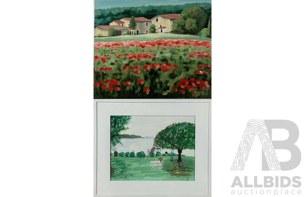 Gabi, Field of Red Flowers by Country Villa, Acrylic on Canvas, 54 X 65 Cm Alongside C.R.R, Tree by Jetty, Watercolour and Gouache on Card, 41 X 49 Cm (frame) (2)