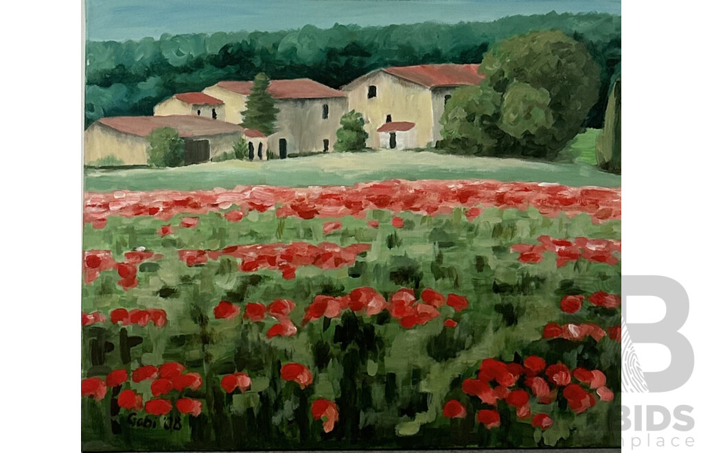 Gabi, Field of Red Flowers by Country Villa, Acrylic on Canvas, 54 X 65 Cm Alongside C.R.R, Tree by Jetty, Watercolour and Gouache on Card, 41 X 49 Cm (frame) (2)