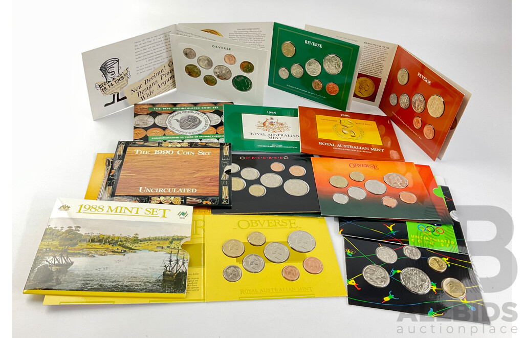 Seven Australian RAM UNC Coin Sets, Years 1985, 1986, 1988, 1989, 1990, 1991, 1992