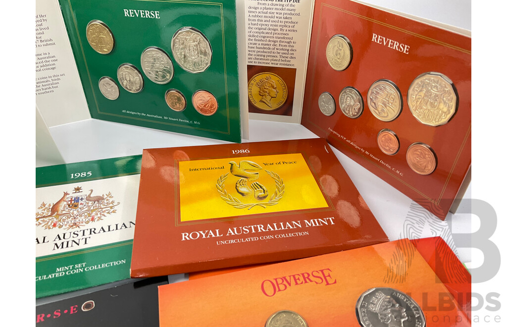 Seven Australian RAM UNC Coin Sets, Years 1985, 1986, 1988, 1989, 1990, 1991, 1992