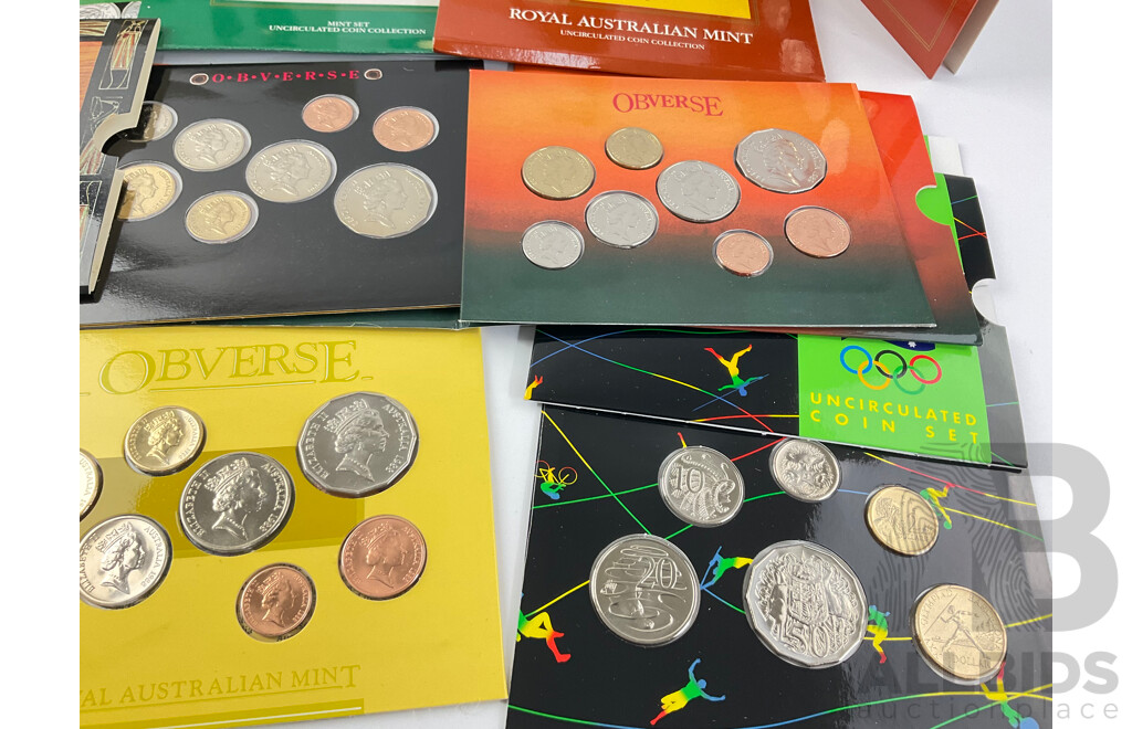 Seven Australian RAM UNC Coin Sets, Years 1985, 1986, 1988, 1989, 1990, 1991, 1992