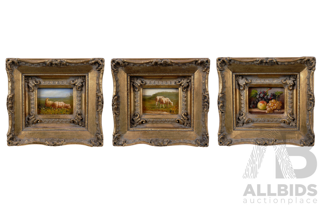 Lovely Trio of Ornate Gold Framed French Vintage Miniatures, Two Sheep Grazing and Still Life of Fruit, Oil on Board, 19 X 21 Cm (with Frame)