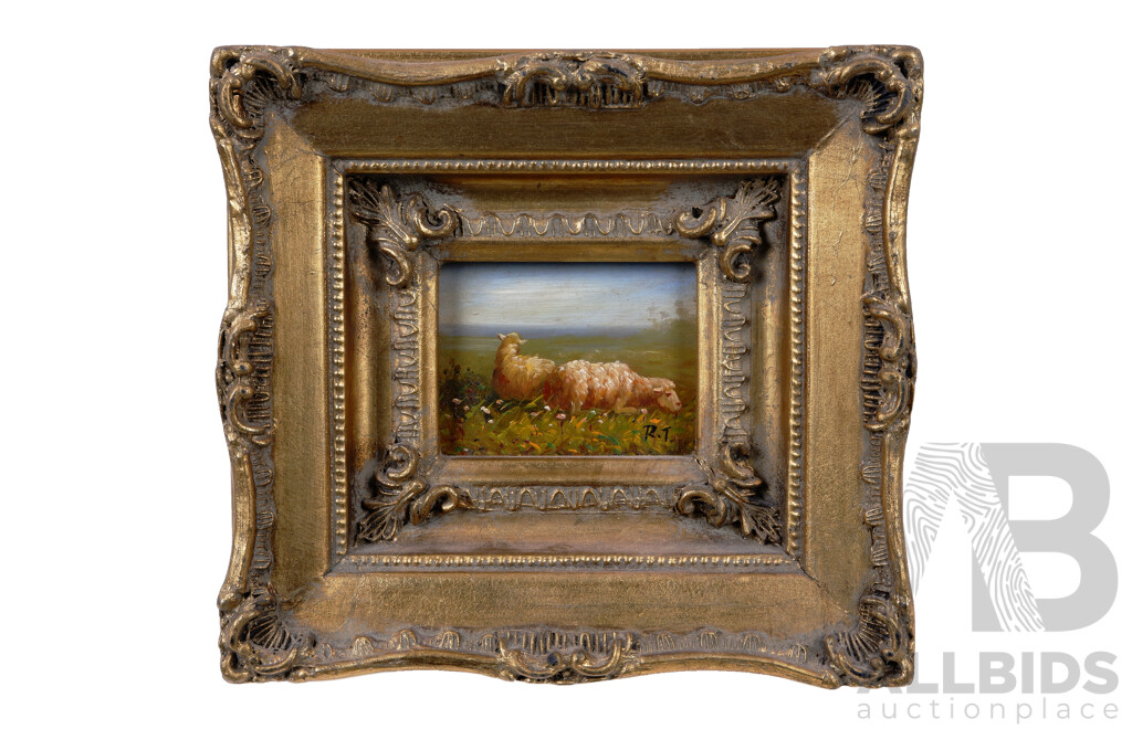 Lovely Trio of Ornate Gold Framed French Vintage Miniatures, Two Sheep Grazing and Still Life of Fruit, Oil on Board, 19 X 21 Cm (with Frame)