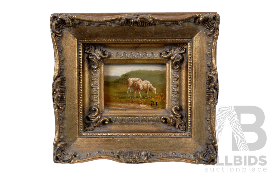 Lovely Trio of Ornate Gold Framed French Vintage Miniatures, Two Sheep Grazing and Still Life of Fruit, Oil on Board, 19 X 21 Cm (with Frame)