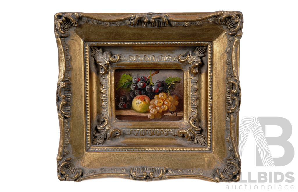 Lovely Trio of Ornate Gold Framed French Vintage Miniatures, Two Sheep Grazing and Still Life of Fruit, Oil on Board, 19 X 21 Cm (with Frame)