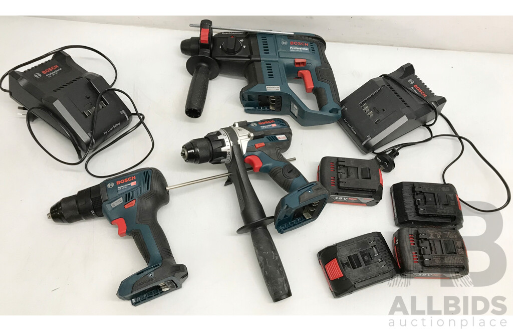 Assorted Bosch Cordless Tools and Batteries 