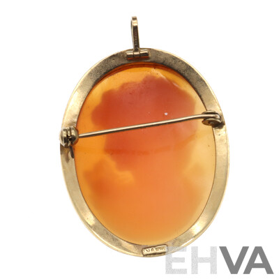 9ct Vintage Shell Cameo Pendant/brooch, Made in Italy, 39mm X 30mm, 7.26 Grams
