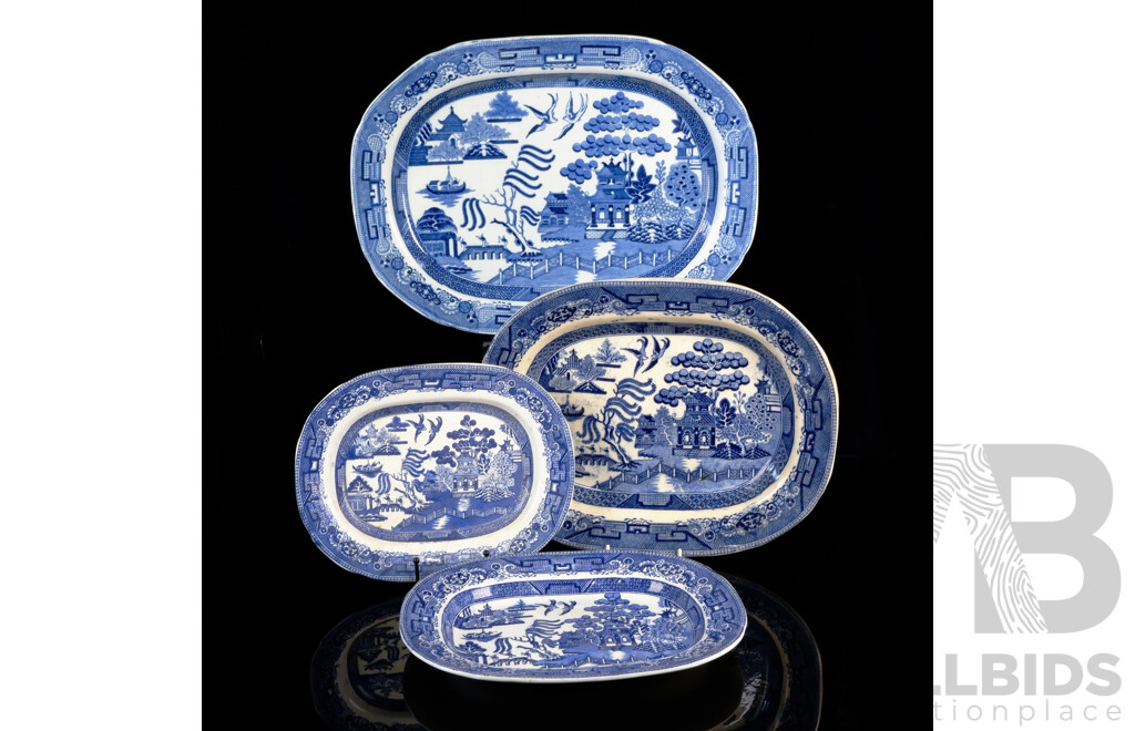 Collection Vintage Blue & White Willow Pattern Platters, the Smallest Two Examples by Baker & Co, London