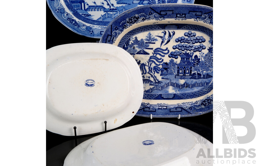 Collection Vintage Blue & White Willow Pattern Platters, the Smallest Two Examples by Baker & Co, London