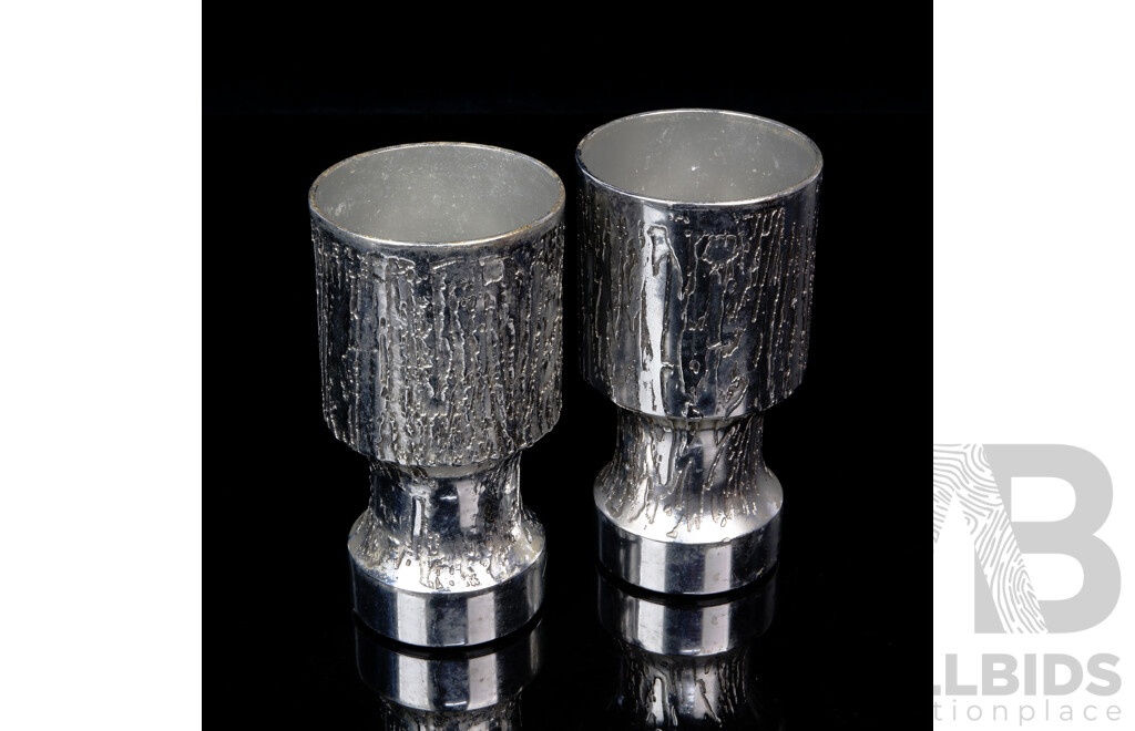 Pair Textured Retro Aluminium Goblets by Stephen Daly, Inscribed to Foot