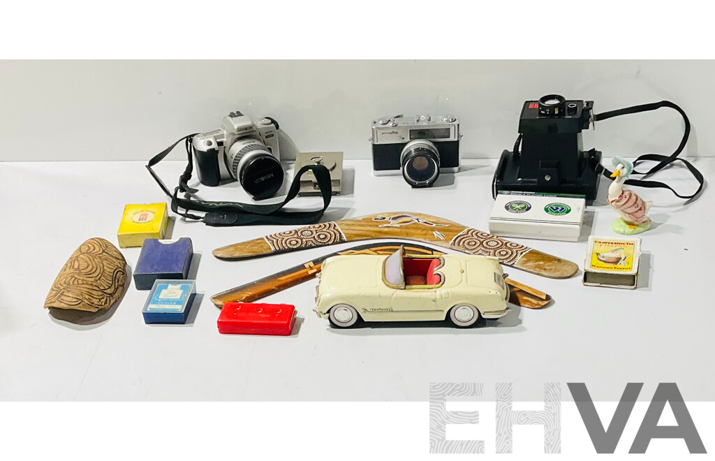 Collection of Various Home and Souvenirware Including Polaroid Land Camera, Pair of Boomerangs, Wimbledon Playing Cards and More