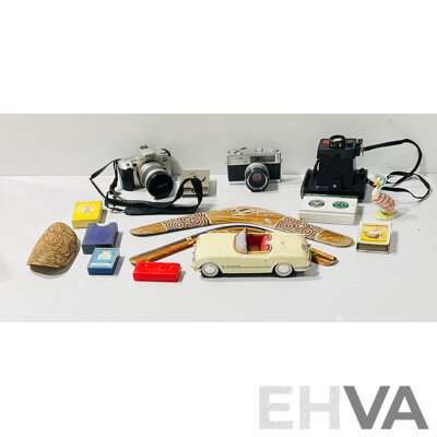 Collection of Various Home and Souvenirware Including Polaroid Land Camera, Pair of Boomerangs, Wimbledon Playing Cards and More