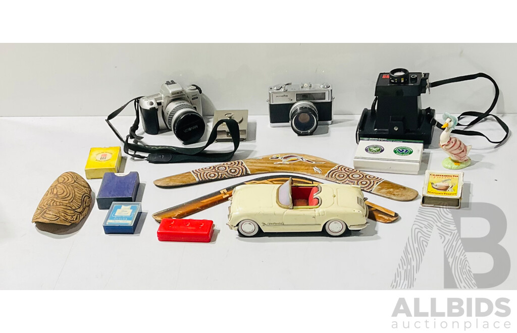 Collection of Various Home and Souvenirware Including Polaroid Land Camera, Pair of Boomerangs, Wimbledon Playing Cards and More