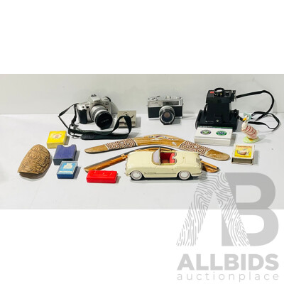 Collection of Various Home and Souvenirware Including Polaroid Land Camera, Pair of Boomerangs, Wimbledon Playing Cards and More