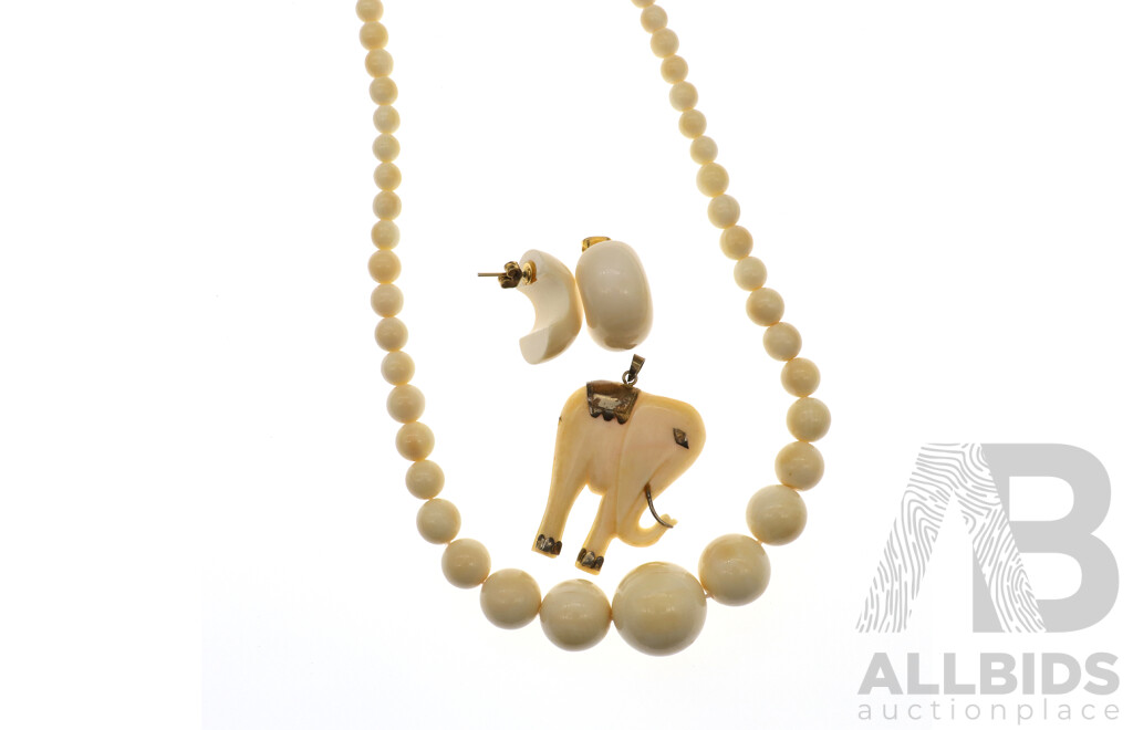 Stunning Collection of Vintage Carved Ivory Pieces Including Beaded Necklace, Matching Earrings and Elephant Pendant