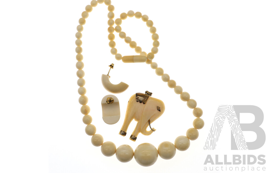 Stunning Collection of Vintage Carved Ivory Pieces Including Beaded Necklace, Matching Earrings and Elephant Pendant