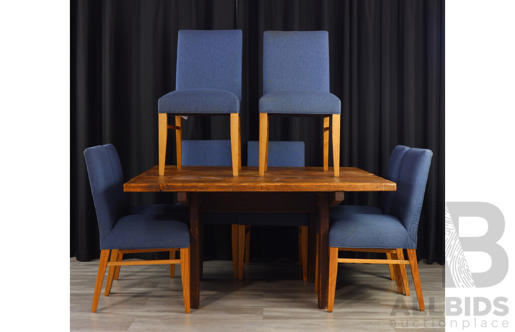 Rustic Square Form Dining Table with Eight Upholstered Chairs