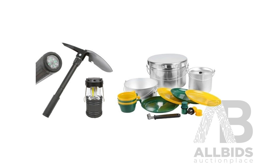 Camping Set - WildTrak Aluminium Mess Kit Multi-Purpose Camping Tool, LED Pop Up Lantern with batteries - Valued at $115