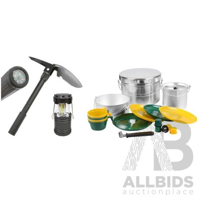 Camping Set - WildTrak Aluminium Mess Kit Multi-Purpose Camping Tool, LED Pop Up Lantern with batteries - Valued at $115