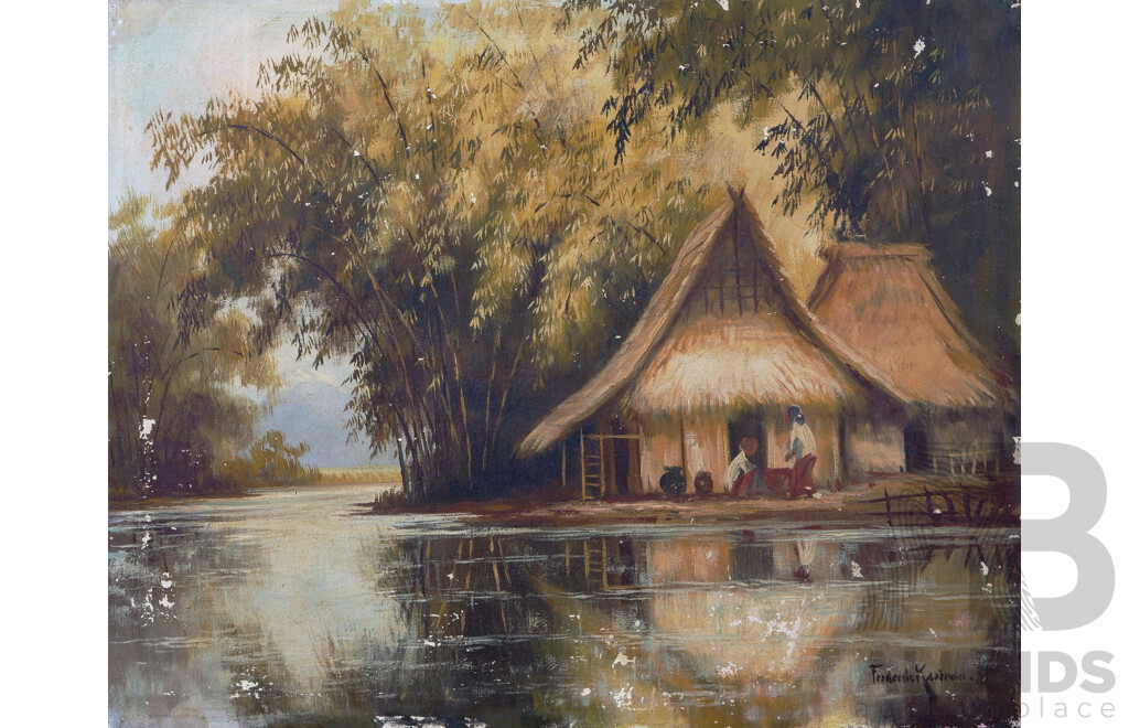 Frederick Kasenda (Indonesia,1920-1950), Villagers by Straw House and Water, Oil on Cotton Canvas, 51 X 64 cm