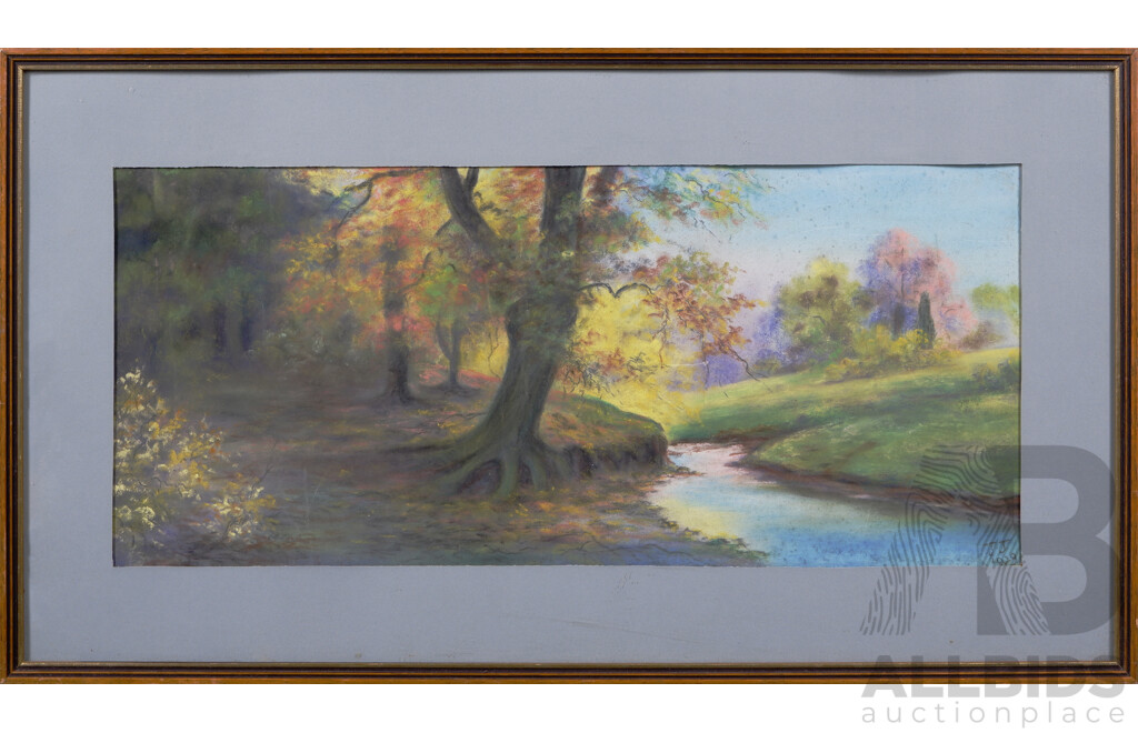 J.J., (1929), Autumn Trees by Stream, Pastel on Paper, 35 X 62.5 Cm (frame)