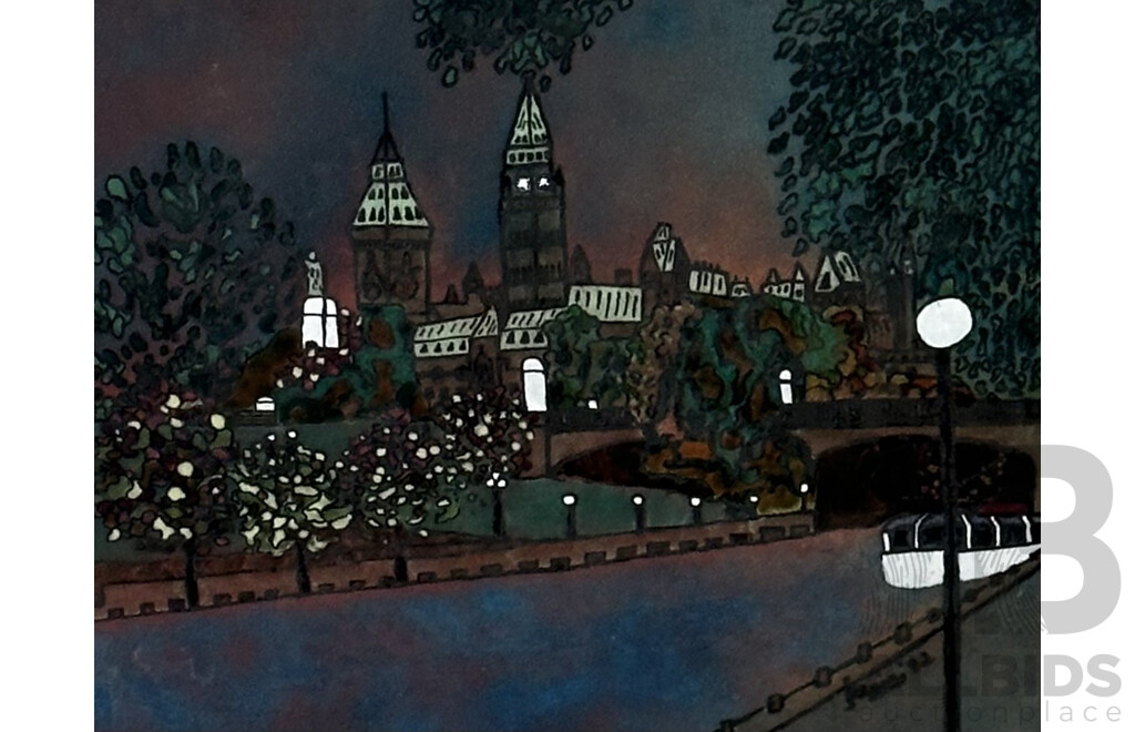 Artist Unknown, Night Scene by the River, Coloured Enamel on Copper Panel, 20 x 25.5 cm