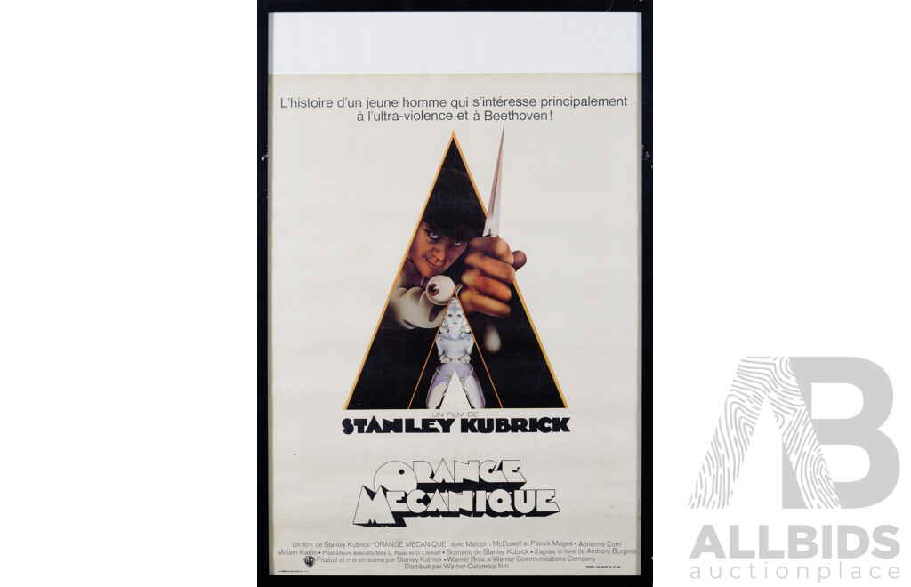 Vintage French Stanley Kubrick Film Poster, 'Orange Mecanique' ('A Clockwork Orange'), Ink on Linen, 93 X 63 Cm (frame)