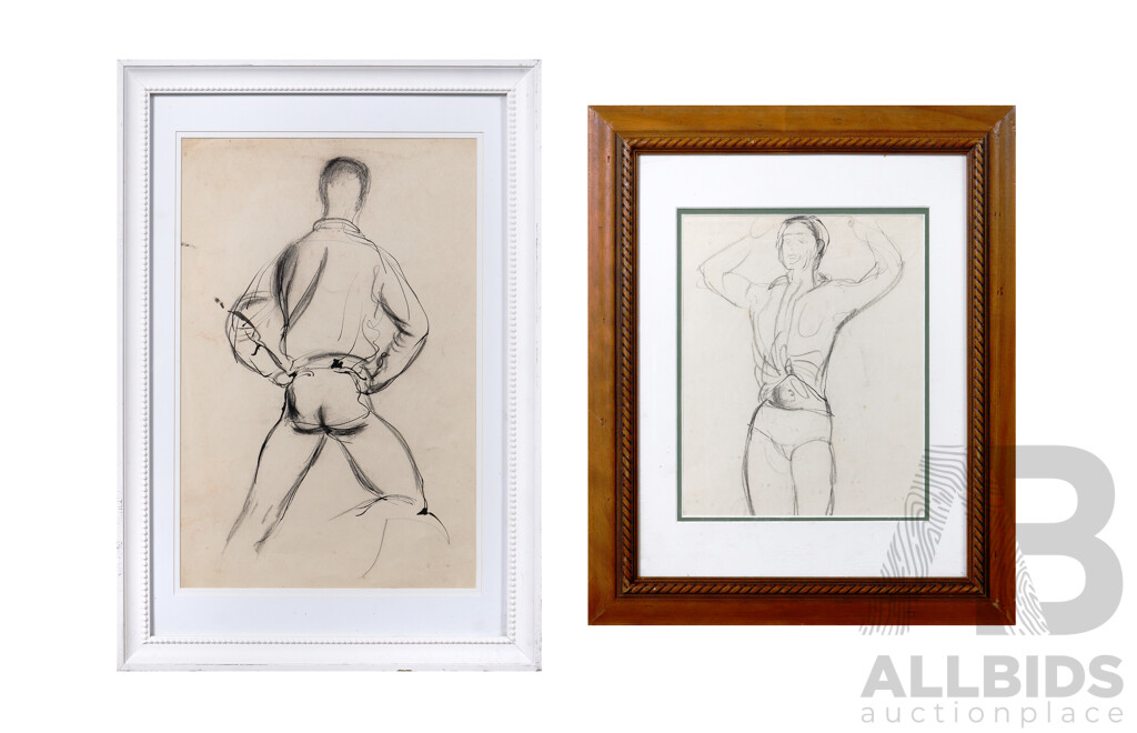 Artist Unknown, Standing Men, Pair of Vintage Ink and Charcoal Sketches on Paper, 50 X 35 Cm (largest Frame)