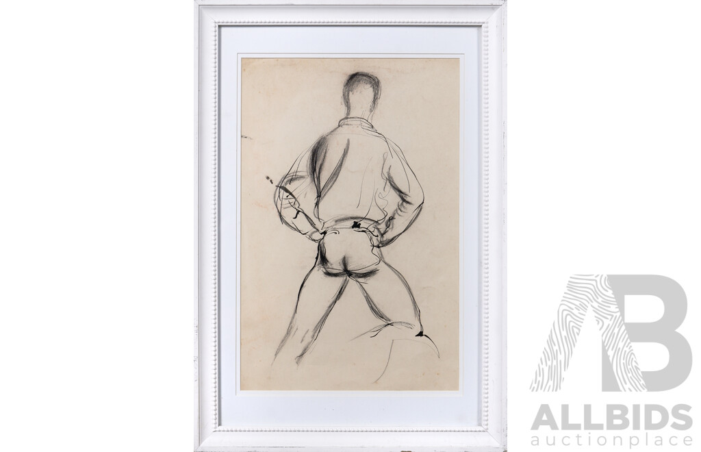 Artist Unknown, Standing Men, Pair of Vintage Ink and Charcoal Sketches on Paper, 50 X 35 Cm (largest Frame)